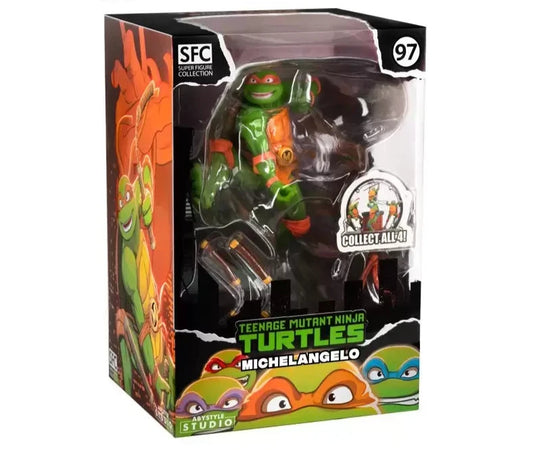A packaged Teenage Mutant Ninja Turtles Michelangelo figure in a box, with visible branding and number 97.