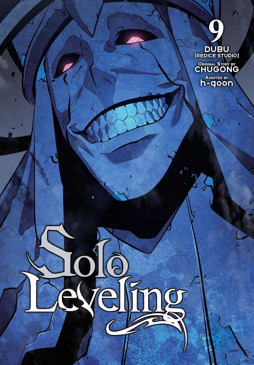 Cover of the SOLO LEVELING TP VOL 9 manga book, featuring a character with blue skin and red eyes in a dark setting.