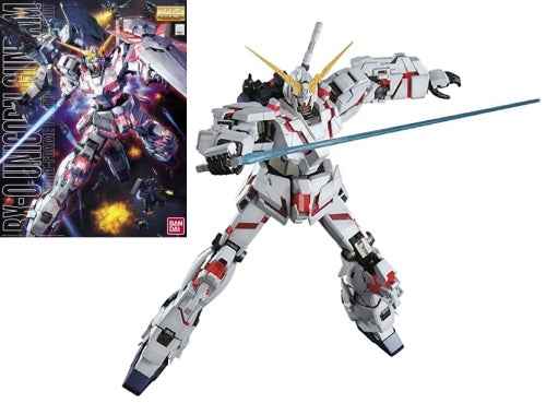 A model kit of the Unicorn Gundam from the anime series, featuring a white and red space suit with a sword, displayed next to its packaging.