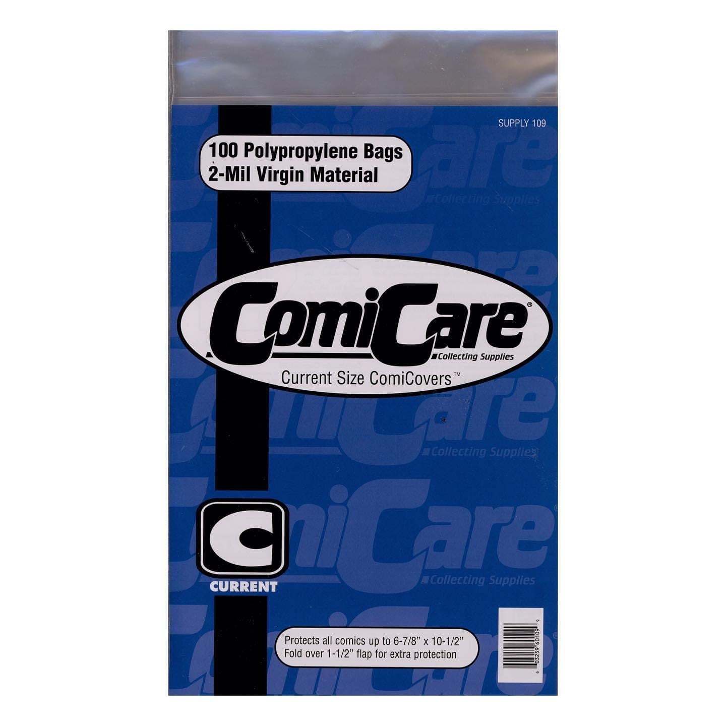 A pack of ComiCare polypropylene comic book storage bags. The packaging is predominantly blue with the ComiCare logo and product information printed in white and black.
