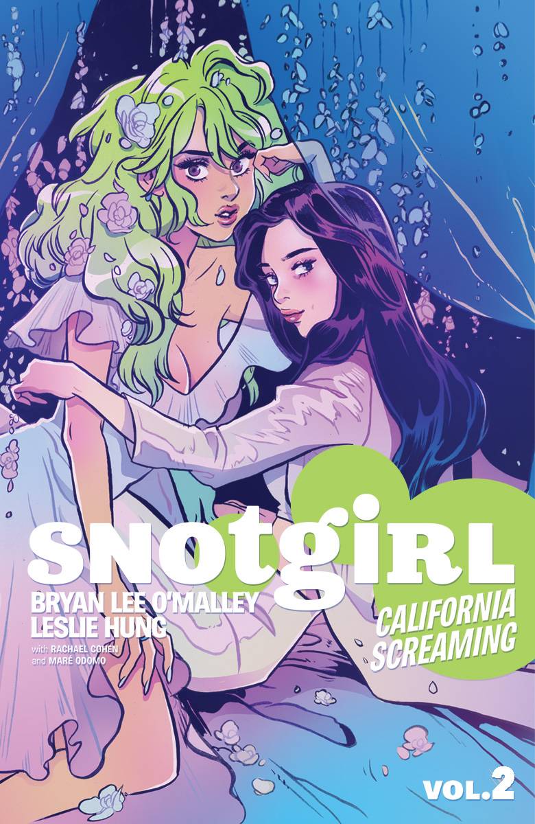 Green girl purple girl hug