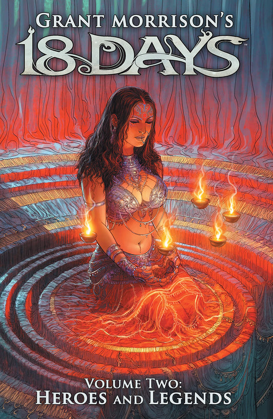Cover of the graphic novel '18 Days' by Grant Morrison, featuring a character with glowing eyes in a red and blue traditional outfit, with a background of a fiery, circular landscape.