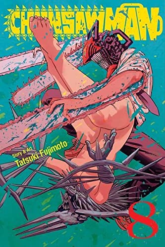 Cover of 'Chainsaw Man (Paperback) Vol. 08' featuring a character with a chainsaw for a head, amidst a vividly colored backdrop, indicative of the manga's dramatic style.