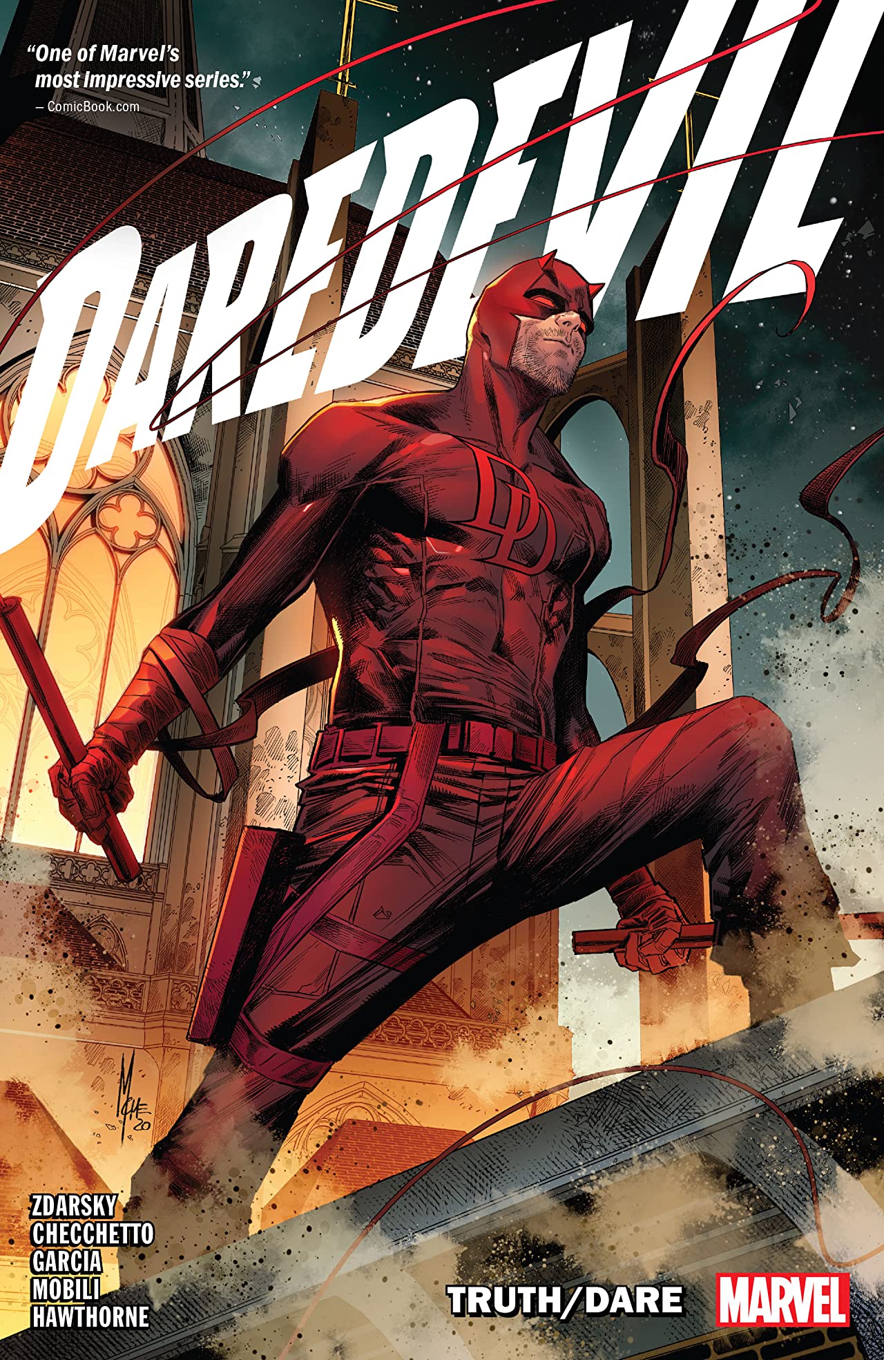 Cover of 'Daredevil by Chip Zdarsky (Trade Paperback) Vol. 05 Truth/Dare' featuring Daredevil in a dynamic pose with a red costume against a cityscape background.