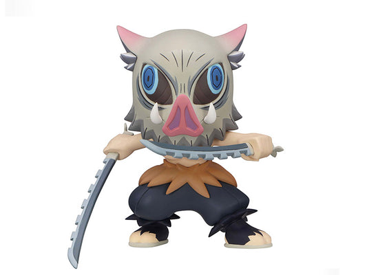 A cartoon-style figure of Inosuke Hashibira from Demon Slayer, wearing a animal-like outfit and holding a sword.