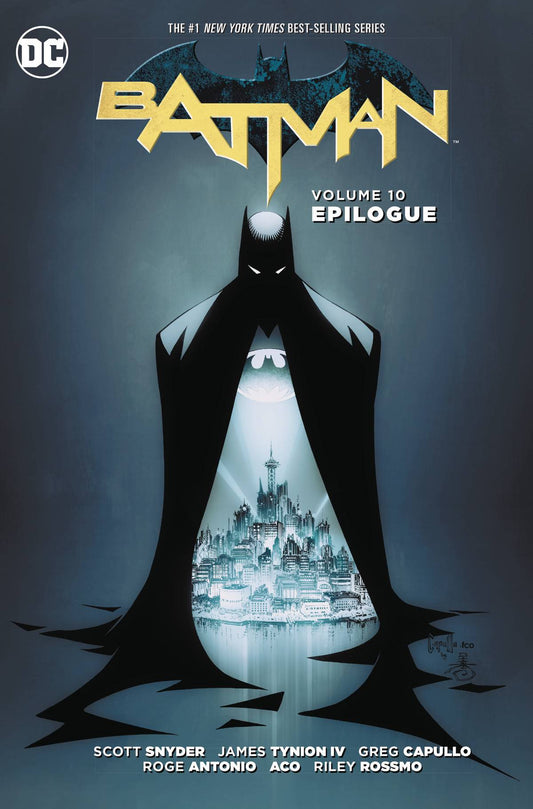 Cover of the trade paperback book 'Batman (N52) (Trade Paperback) Vol. 10 Epilogue' featuring a stylized illustration of the character Batman in a dark setting with a cityscape in the background.