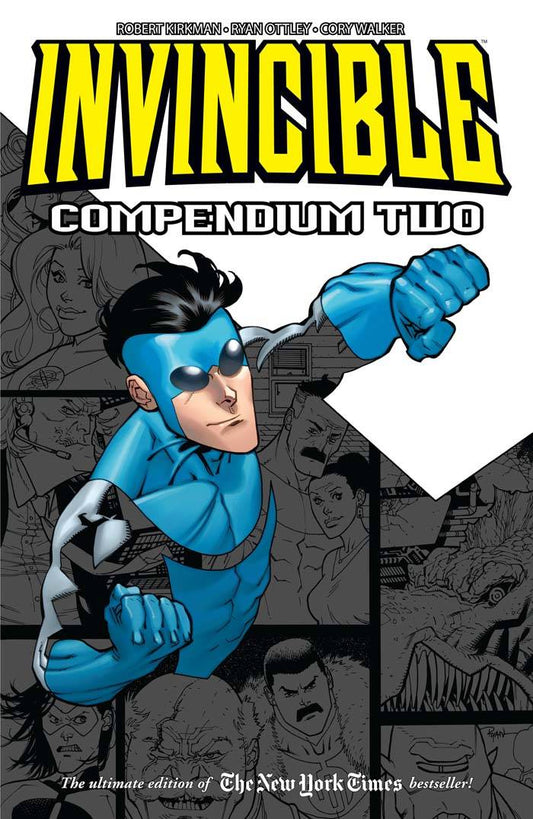 Invincible: Compendium (Trade Paperback) Vol. 02
The cover of Invincible: Compendium Volume 2 featuring Mark Grayson in his yellow and blue superhero costume, soaring upward against a bright blue sky. Below him, a diverse group of heroes and villains from the series are arranged in a dynamic, crowded ensemble. The title "Invincible" is displayed in bold, yellow block letters.