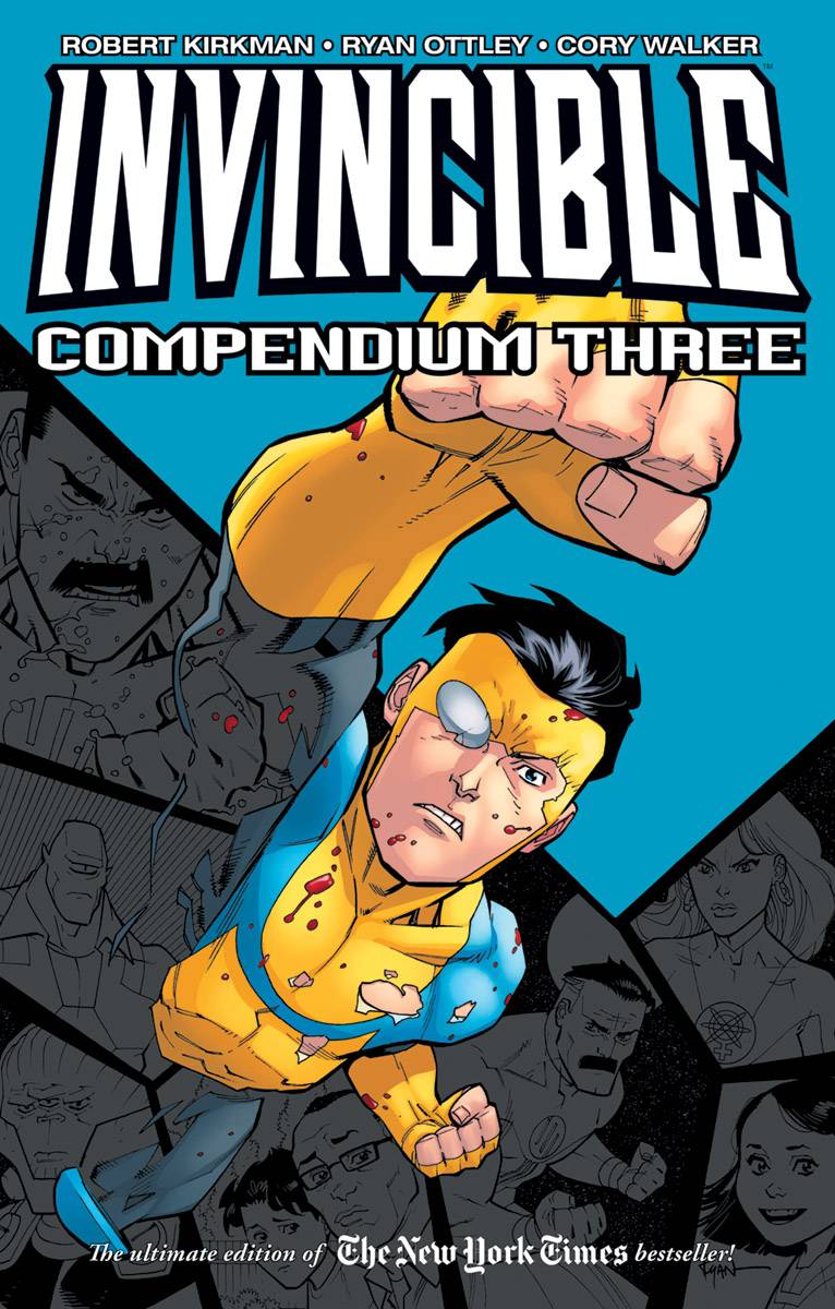 Invincible: Compendium (Trade Paperback) Vol. 03
The cover of Invincible: Compendium Volume 3 features Mark Grayson in his yellow and blue superhero costume, soaring upward against a bright blue sky. Below him, a diverse group of heroes and villains from the series are arranged in a dynamic, crowded ensemble. The title "Invincible" is displayed in bold, yellow block letters.