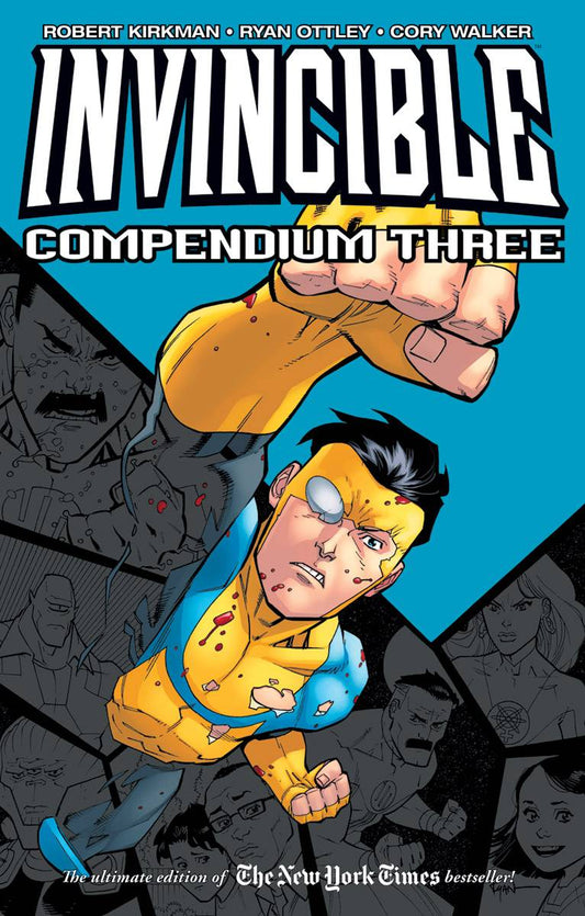 Invincible: Compendium (Trade Paperback) Vol. 03
The cover of Invincible: Compendium Volume 3 features Mark Grayson in his yellow and blue superhero costume, soaring upward against a bright blue sky. Below him, a diverse group of heroes and villains from the series are arranged in a dynamic, crowded ensemble. The title "Invincible" is displayed in bold, yellow block letters.